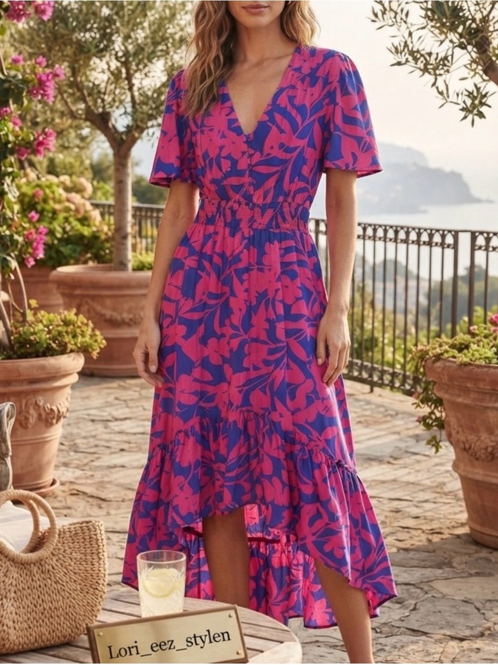 Floral V-Neck High-Low Dress in Magenta & Blue